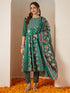Janasya Women's Green Pure Cotton Floral Printed Yoke Design Anarkali Kurta Set